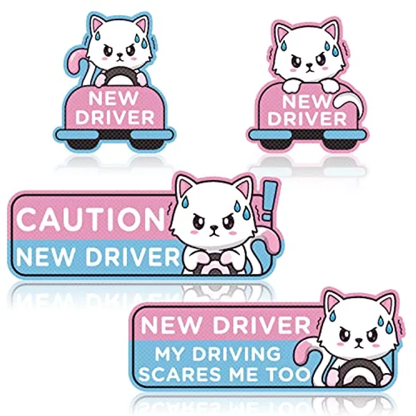 W1cwey 4pcs Cartoon Cat Student Driver Car Magnet, Cute New Driver Sign for Car Cartoon Reflective Student Driver Car Magnet Sticker Gift for Teen Reusable Car Bumper Safety Sign(Nervous Cat Patterns)
