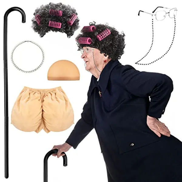 Zhanmai 7 Pcs Old Lady Cosplay Costume Set Women's Butt Cheeks Costume Old Lady Granny Glasses Foldable Crutch Granny Wig - Gray Curly Hair With Hair Roller