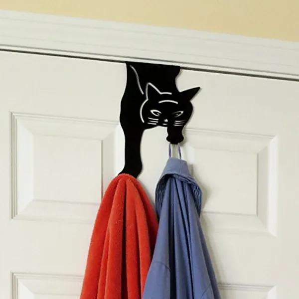 Evelots Cat Over The Door Hooks for Hanging - Black - Over The Door Organizer - Strong Metal Hooks - Cat - 1 Unit