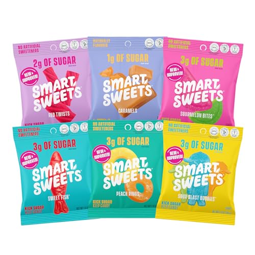 SmartSweets Variety Pack Sampler, Pack of 6 Individual Flavors, Low Sugar & Calorie Candy - Sweet Fish, Sourmelon Bites, Peach Rings, Sour Blast Buddies, Red Twists, & New Soft Caramels - Variety Pack Sampler