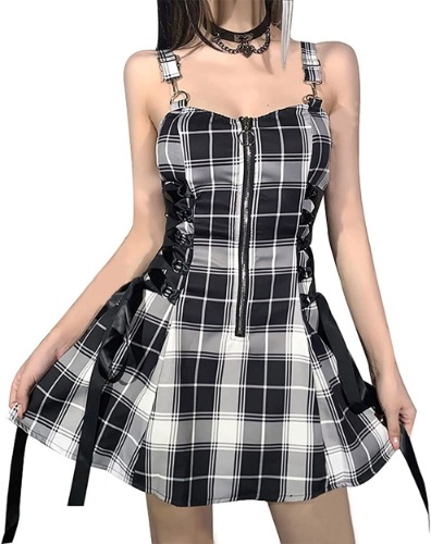 High Waist Sexy Summer Backless Mini Dress Plaid Mall Goth Grunge Punk Black Emo Sexy Party Zipper Dress - Medium Black Plaid Dress
