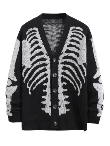 SHENHE Men's Skeleton Print Long Sleeve Cardigan Sweaters V Neck Button Down Outwear Coats - Large Black