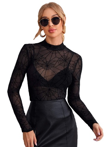 Floerns Women's Star Mesh See Through Mock Neck Long Sleeve Tops Tee T-Shirt - Medium Black Spider