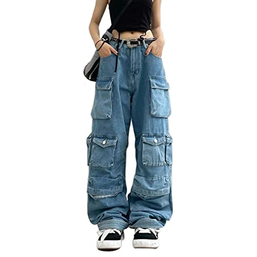 Women's Baggy Cargo Pants Y2K Clothing Multi-Pocket Relaxed Fit Jeans Fairy Grunge Clothes Alt Emo Streetwear - XX-Large - Blue Jeans