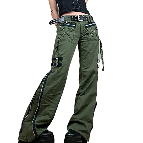 Ynocfri Women Harajuku Goth Pants Wide Leg Low Rise Baggy Pants Grunge Gothic Cargo Pants with Chain Streetwear - Medium - L-army Green