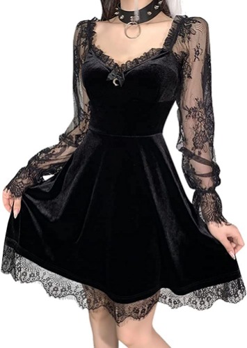 IKADEX Women Gothic Dress Vintage Lace Grunge Punk Goth Dresses Casual Cosplay Party Cocktail - #A: Black Medium