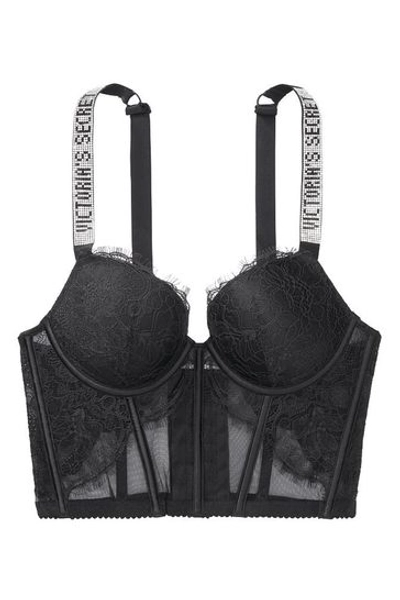 Victoria's Secret Black Lace Shine Strap Corset Bra Top