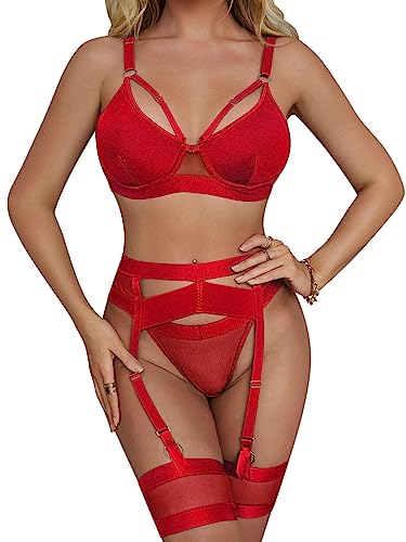 popiv Sexy Lingerie Set for Women 4 Piece Bra and Panty Set with Garter Belt Strappy Lingerie Set with Thigh Cuffs - M - Red