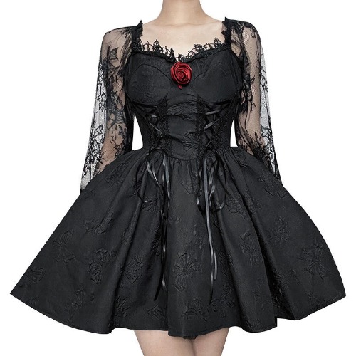 Black Lace Mall Goth Dress with Rose - black / M
