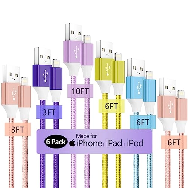 iPhone Charger Cable, 6Pack [3/3/6/6/6/10FT] iPhone Charger [Apple MFi Certified] Lightning Cable Braided Fast Charging iPhone Cable for iPhone 14 13 12 11 Xs Max XR X 8 7 6s Plus, iPad, iPod, AirPods