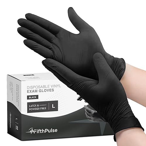 FifthPulse Black Vinyl Disposable Gloves - Powder and Latex Free Medical Exam Gloves - Black (Large)