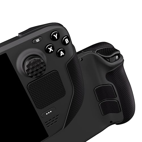 PlayVital Professional Textured Soft Rubber Pads Handle Grips for Steam Deck LCD & OLED, Trackpads Skin Grip Enhancement Back Button Protective Stickers Set with Thumb Grips - Honeycomb Textured Black - Black