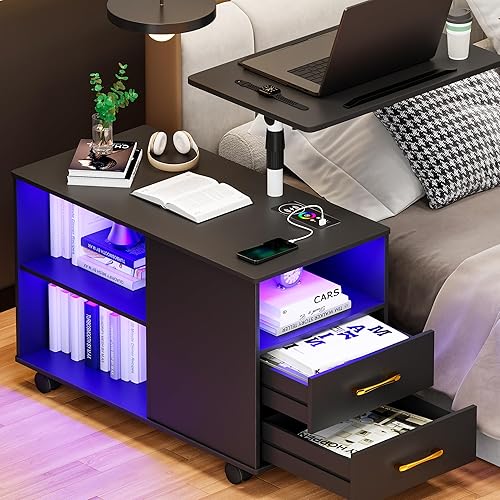 Gurexl 360° LED Nightstand with Wireless Charging Station, Movable Adjustable Bedside Table with Laptop Tray, Auto Sensor Night Stand for Living Room Bedroom (Black) - Black 360° Laptop Tray