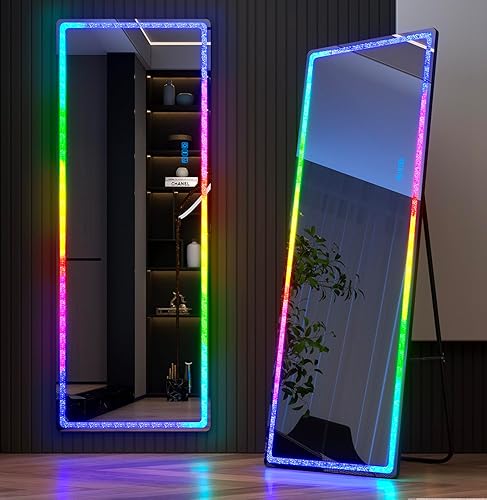 Vlsrka Full Length Mirror with RGB Lights, 63x20 Full Body Lighted Mirror with Crushed Diamond, Free Standing Floor LED Mirror, Wall Mounted Mirror, 7 Color Dimmable & 7 Color Speed Adjustable (Black) - Rgb Black - 63"L x 20"W