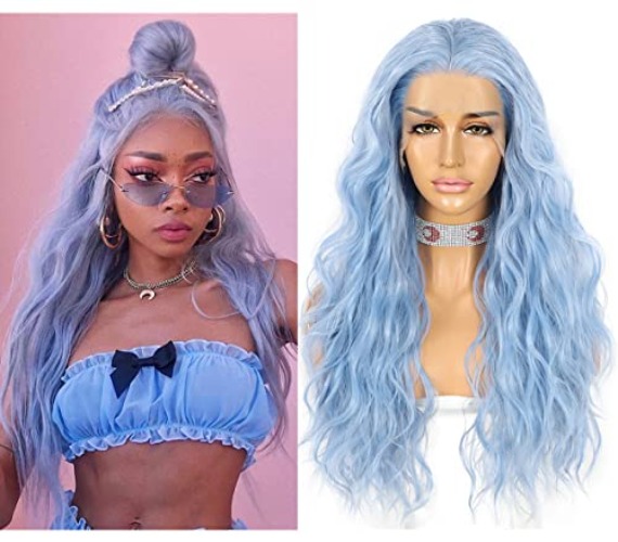 Sapphirewigs Light Blue Lace Front Wig Wavy Synthetic Wig for Women 13x3 Lace Front Long Wigs Cosplay Party Daily Wear Heat Resistant Wig 24inch