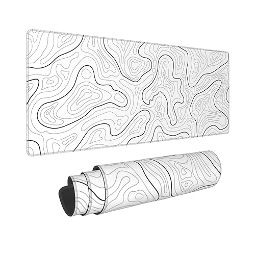 Abstract Topographic Map White Grey Black Gaming Mouse Pad Long Mouse Pad Large Desk Mat 31.5 X 11.8 Inch Mousepad with Non-Slip Base Stitched Edge Keyboard Mat for Gaming Office - Light Grey White