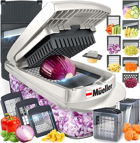 Mueller Pro-Series 10-in-1, 8 Blade Vegetable Chopper, Onion Mincer, Cutter, Dicer, Egg Slicer with Container, French Fry Cutter Potato Slicer, Home Essentials & Kitchen Gadgets, Salad Chopper - 8 Blade - White Sand/Gray
