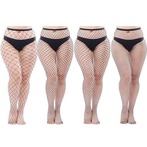 Aneco 4 Pairs Plus Size Fishnets Tights Sexy Black Fishnet Pantyhose Stockings Cross Mesh Tights Thigh High Stockings - X-Large-4X-Large Plus - Color Set 8