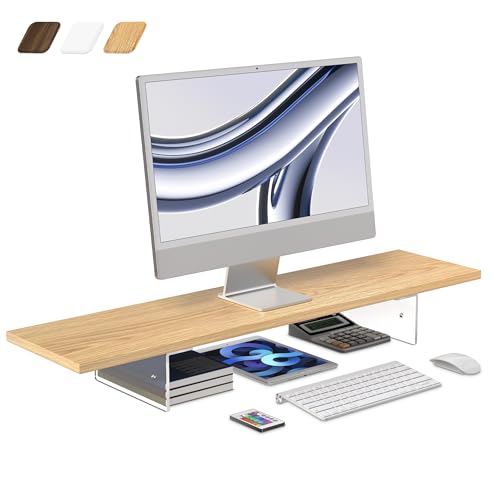 LA QUEENIE Monitor Stand Riser,Wood & Acrylic Computer Monitor Stand with LED Light,Desk Accessories Desktop Organizer Stand for Computer,Laptop,Printer,PC & TV Screen Riser - Wood
