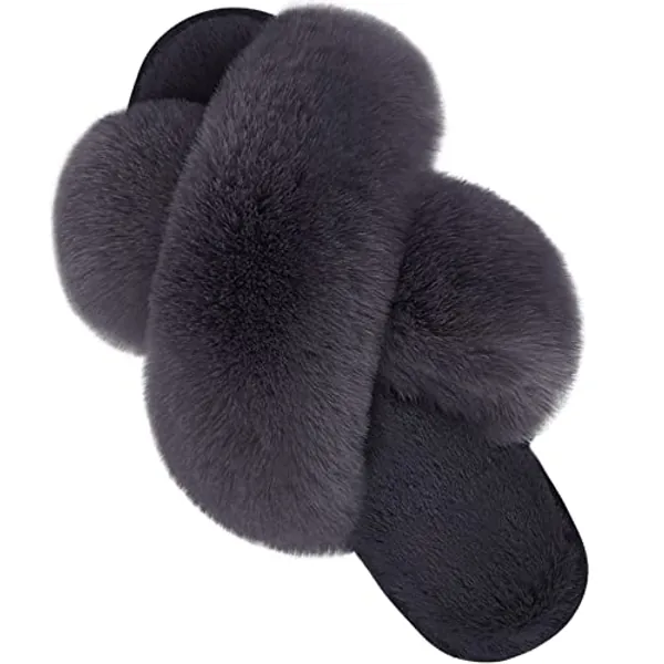 Parlovable Women's Cross Band Slippers Fuzzy Soft House Slippers Plush Furry Warm Cozy Open Toe Fluffy Home Shoes Comfy Indoor Outdoor Slip On Breathable