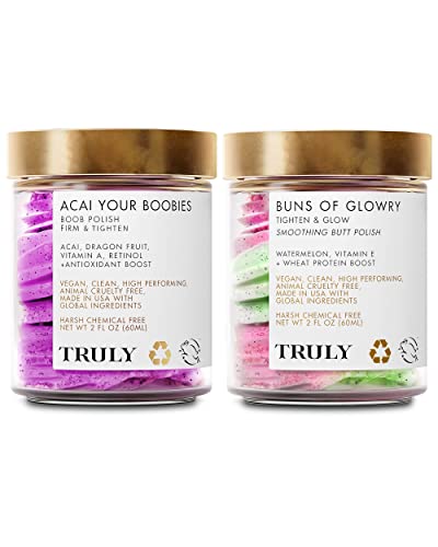 Truly Beauty "Booty & Boobies" Polish Bundle - Firms, Tightens, and Smoothens - Butt Acne Clearing Treatment, Butt and Breast Scrub - Smoothens and Tightens Skin for a Plumpier and Perkier Glow! - Booty & Boobies Bundle
