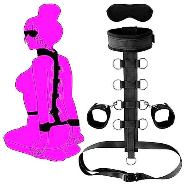 Neck to Wrist Bondage Restraints Set bondaged kit Sex Set Behind Back Handcuffs Collar with Blindfold Adjustable Bondage Gear & Accessories, Bed SM Games Play Sex Toys for Couples