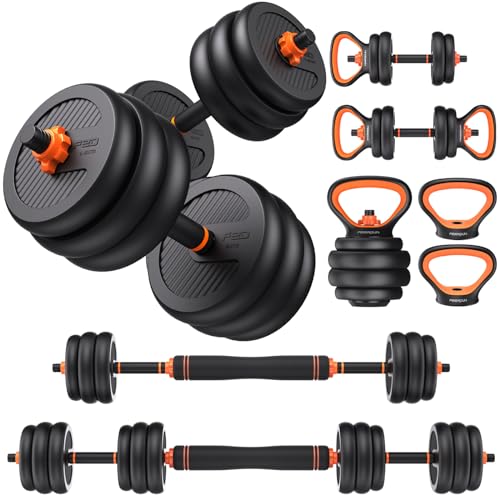 FEIERDUN Adjustable Dumbbells, 20/30/40/50/60/70/90lbs Free Weight Set with Connector, 4 in1 Dumbbells Set Used as Barbell, Kettlebells, Push up Stand, Fitness Exercises for Home Gym Suitable Men/Women - F.90LB(45LB Pair)