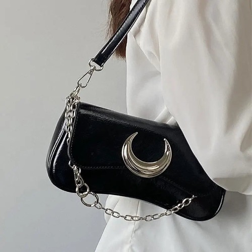 Black Moon Chain Under Arm Hand Bag - black