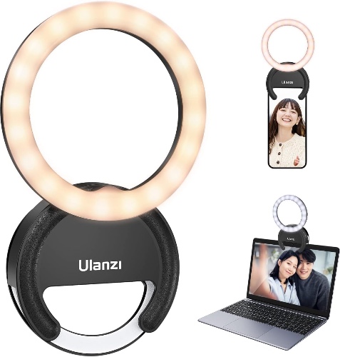 ULANZI Selfie Ring Light, Clip-on LED Lights Rechargeable Portable Photography Lighting for iPhone iPad Android Laptop Camera Video Girls Make Up - Black