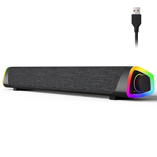 SOULION R30 Plus Computer Speakers, Wired USB Powered Bluetooth V5.3 PC Sound Bar, Colorful LED Lights with Switch Button, Portable Computer SoundBar for Desktop Laptop Phone, Gray（Not 3.5mm AUX） - Gray