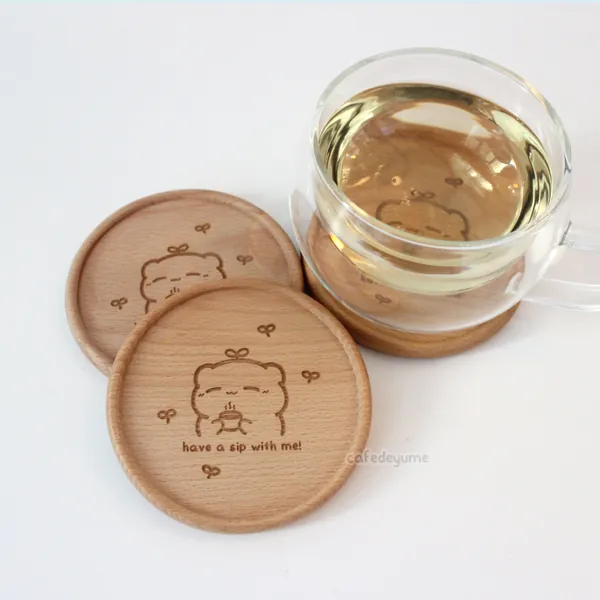 Have a sip with me wooden coaster, sprout kun, beech wood