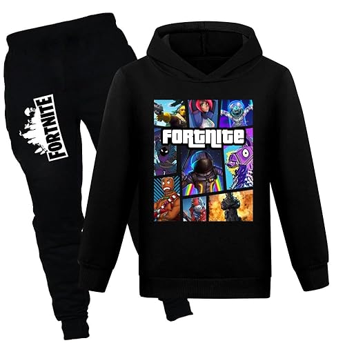 LONGYiKD Boy's Tracksuit Cotton Pullover Hoodie Kids Jogging Sportwear Clothes Set 2 Pieces Game Outfits for Girls - 6-7 Years - Black