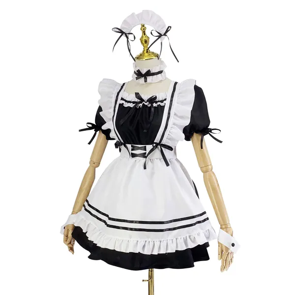 French Maid Fancy Dress Set,French Maid Halloween,Womens Traditional Alice Fancy Dress Costume,6 Pcs As A Set Including Dress,Apron,Fake Collar,Headwear,Sleeve,Leg Circle(Black and White,Size M)