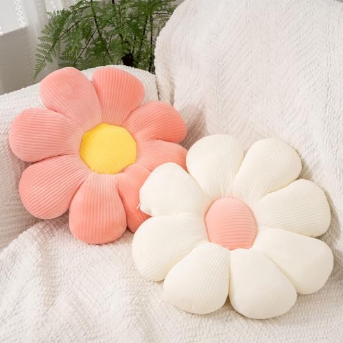 2pcs Flower Pillow - Pink & White Daisy Flower Shaped Throw Pillows, Cute Decorative Preppy Pillows Floor Cushion for Bedroom Sofa Chair Room Decor Aesthetic (15.35 Inch, White + Pink) - 15.35 Inch, White + Pink