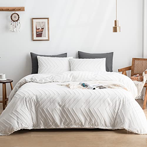 WARMDERN Boho Duvet Cover Set, Tufted Bedding Duvet Covers Soft Washed Microfiber Duvet Cover Queen Size, 3 Pieces Embroidery Shabby Chic Duvet Cover with Zipper Closure(White, Queen) - White - Queen