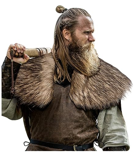L'VOW Men's Viking Fur Collar Medieval Renaissance Wrap King Warrior Cape Shawl Halloween LARP Winter Cosplay Costume - Brown-1