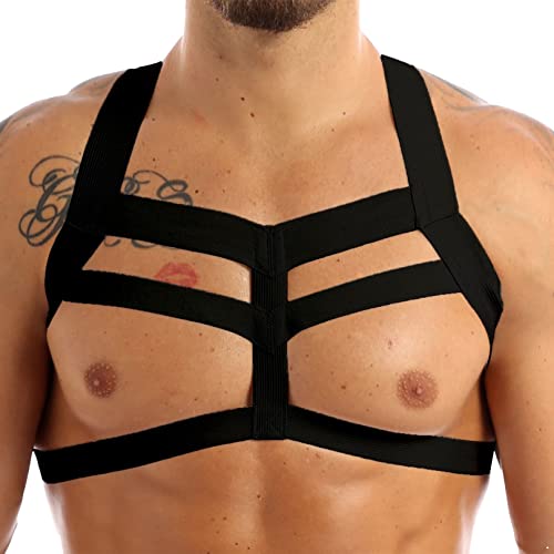iiniim Mens Sexy Harness Belt Body Chest Lingerie Nylon Elastic Shoulder Strap Punk Gothic Rave Clubwear - Black