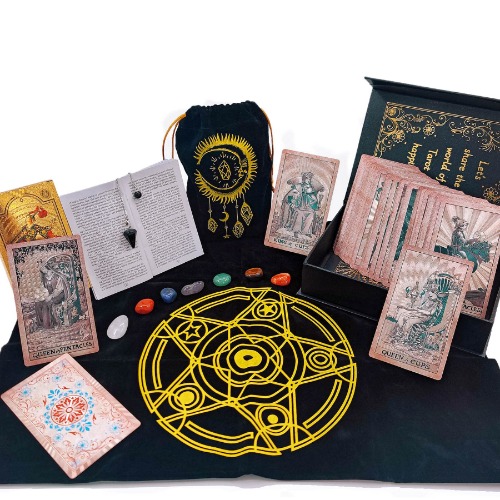 KLKOKVKE Tarot Cards with Guide Book Set Card Decks for Beginners,Card Holder Bag,Card Box,Tablecloth,Chakra Stones,Crystal Pendulum,PVC Waterproof Gold Foil Fortune Telling Tools(Roes Gold 04) - 