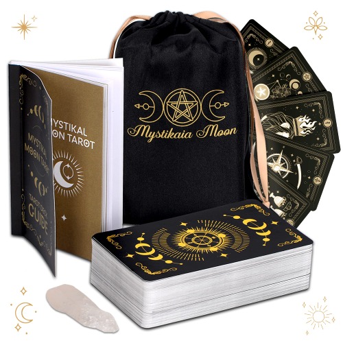 Mystikaia Moon Tarot Cards Deck with Guidebook and Clearing Crystal [78 Cards] - Dark Celestial Tarot Deck with Drawstring Storage Pouch - Hand-Illustrated Pretty Tarot Cards Gift Set for Beginners - 