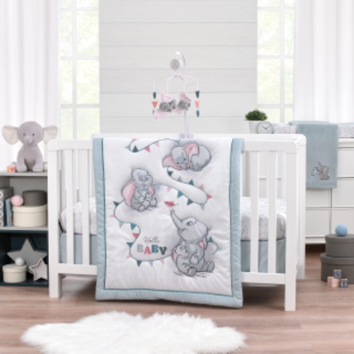 Disney Dumbo Hello Baby Grey and White Circus Banner 3 Piece Nursery Crib Bedding Set - Comforter, Fitted Crib Sheet, and Crib Skirt - Dumbo Hello Baby