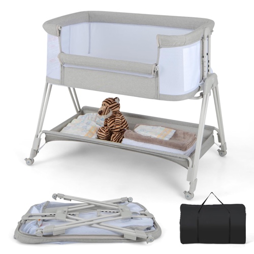 BABY JOY Baby Bedside Bassinet, Baby Bedside Co Sleeper w/Storage Shelf, 7 Adjustable Heights, Lockable Wheels, Comfy Mattress & Carry Bag, Folding Portable Bedside Bed Crib for Newborns (Light Grey) - Light Grey