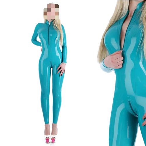Lake Blue Women Men Latex Gummi Catsuit Dance Rubber Coverall Jumpsuit Handmade Costumes Bodysuit S-LC365