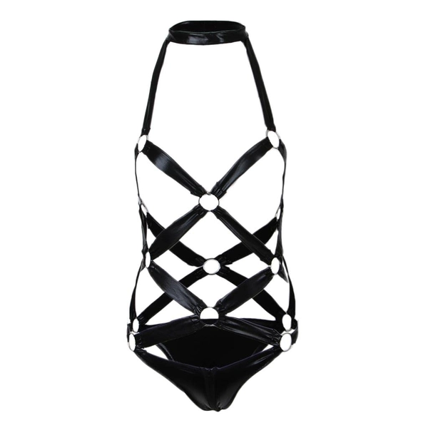 Jumezo Full Body PU Harness Caged Punk Harajuku Body Leather Harness Gothic Straps Cage Bras for Women Black