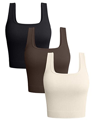 OQQ Women's 3 Piece Tank Tops Ribbed Seamless Workout Exercise Shirts Yoga Crop Tops - Large - Black Darkbrown Beige