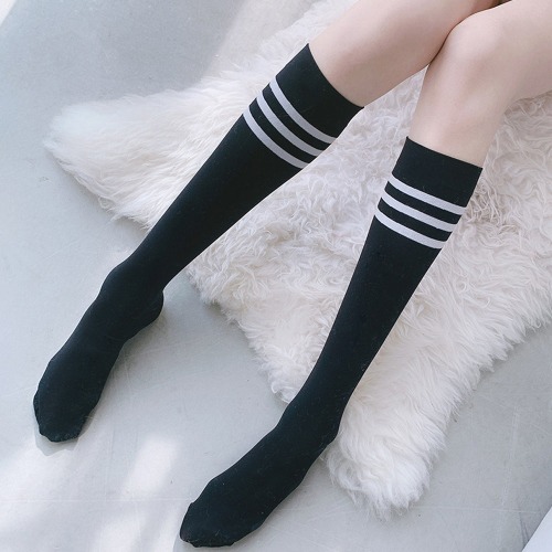 Striped Knee High School Girl Socks - Black / One Size