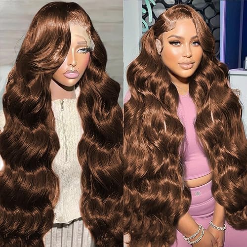 Chocolate Brown Body Wave Human Hair Wig For Black Women,13X6 HD Lace Front Wigs Human Hair Pre Plucked Natural Hairline,Brazilian Frontal Light Brown Glueless Colored Human Hair Wig #4 32 Inch - 32 Inch - Chocolate Brown 13X6 Lace Wig