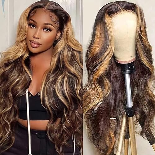 4/27 Ombre Human Hair Wig For Black Women,13x4 Body Wave Highlight HD Lace Front Wigs Human Hair Pre Plucked With Baby Hair,Brazilian Honey Blonde Wig Human Hair Colored Wigs Human Hair 32 Inch - 32 Inch - 4/27 Ombre Lace Wig