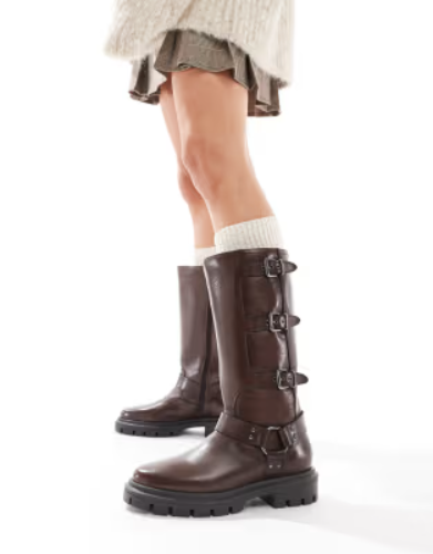 OFF THE HOOK 'MAULEY' lotus high-ankle anti slip heel leather mid calf boots in brown 