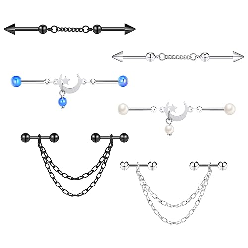 Oyaface 14G(1.6mm) Stainless Steel Black Silver Piercing Helix Industrial Barbells Mixed Styles Piercing Set - 6 PC