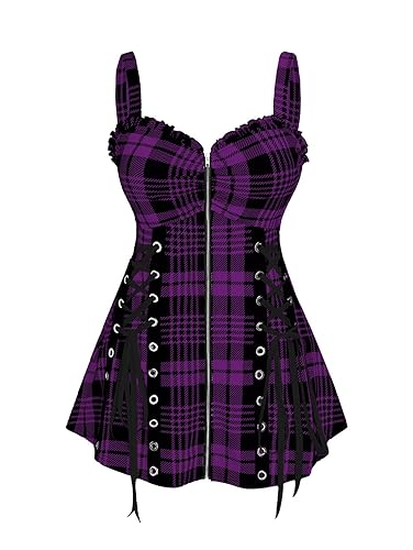 ROSE GAL Womens Plus Size Curve Lace Up Full Zipper Plaid Tank Tops Gothic Sleeveless Strap Tank Top - Purple - 1X